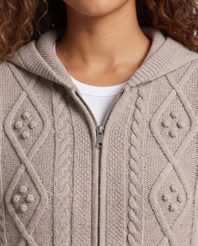 Damen Kapuzen-Longcardigan aus weichem Wollmix mit Zopfmuster, Reißverschluss und Eingrifftaschen Nord Taschen