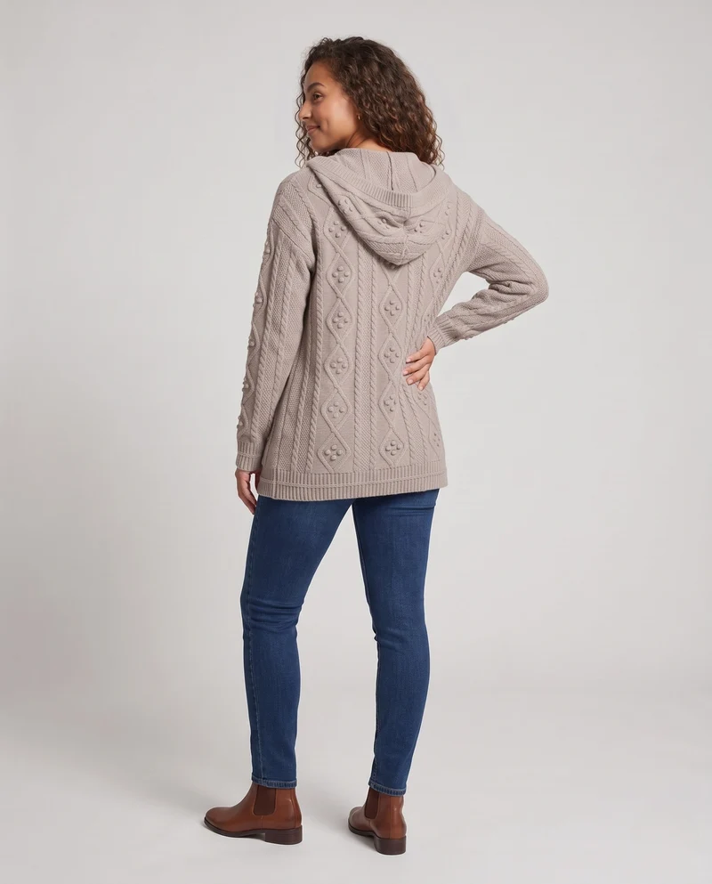 Damen Kapuzen-Longcardigan aus weichem Wollmix mit Zopfmuster, Reißverschluss und Eingrifftaschen Nord Taschen
