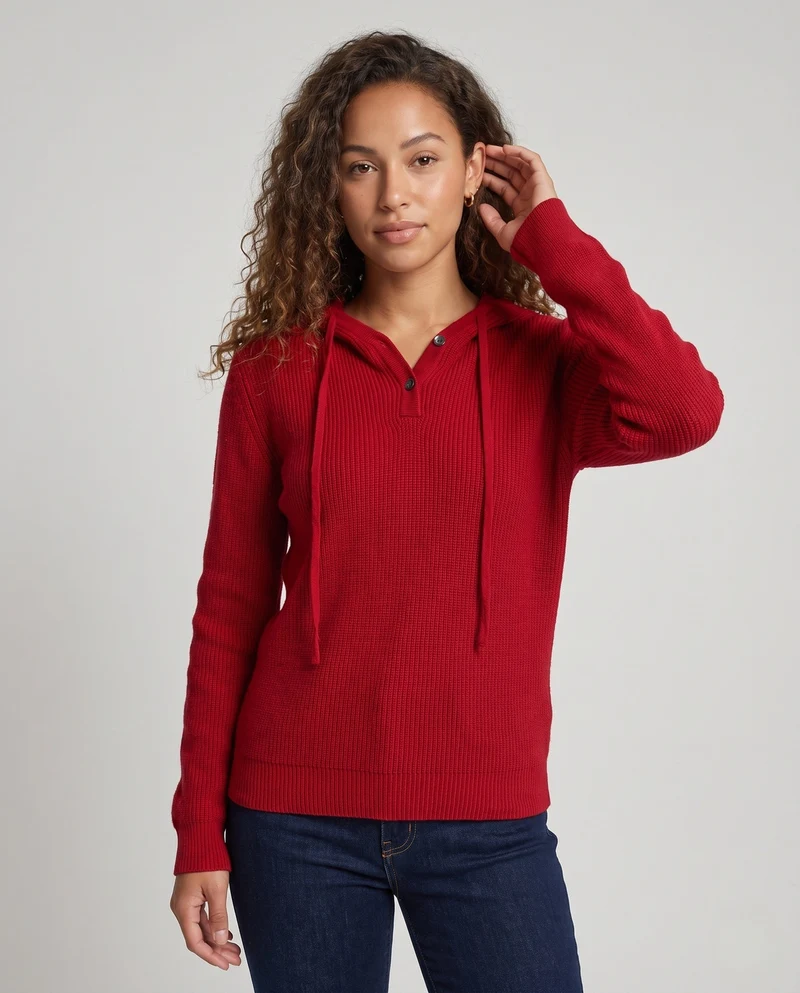 Damen Kapuzen-Feinstrickpullover mit Henley-Knopfleiste, gerippter Schulterpartie und kaschmirähnlicher Weichheit Nord Taschen