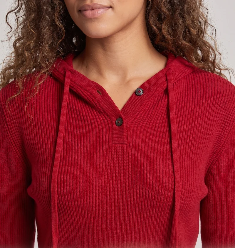Damen Kapuzen-Feinstrickpullover mit Henley-Knopfleiste, gerippter Schulterpartie und kaschmirähnlicher Weichheit Nord Taschen