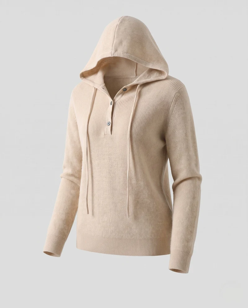 Damen Kapuzen-Feinstrickpullover mit Henley-Knopfleiste, gerippter Schulterpartie und kaschmirähnlicher Weichheit Nord Taschen