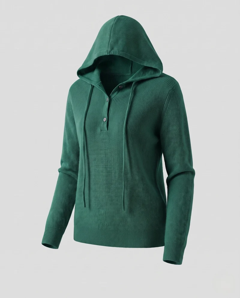 Damen Kapuzen-Feinstrickpullover mit Henley-Knopfleiste, gerippter Schulterpartie und kaschmirähnlicher Weichheit Nord Taschen