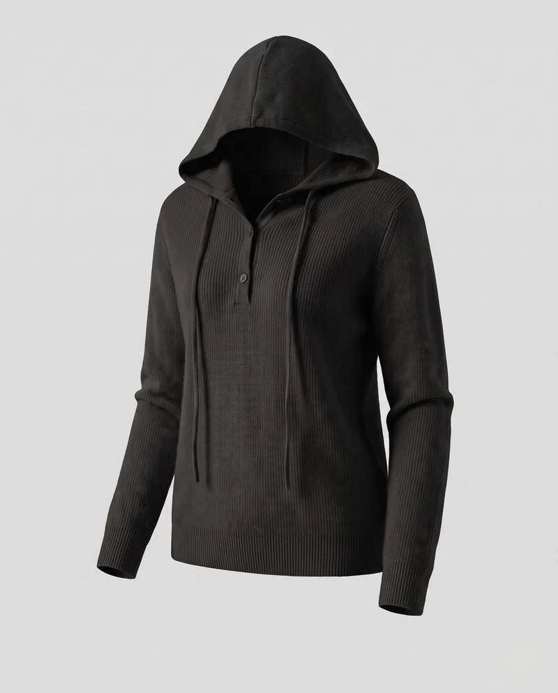 Damen Kapuzen-Feinstrickpullover mit Henley-Knopfleiste, gerippter Schulterpartie und kaschmirähnlicher Weichheit Nord Taschen