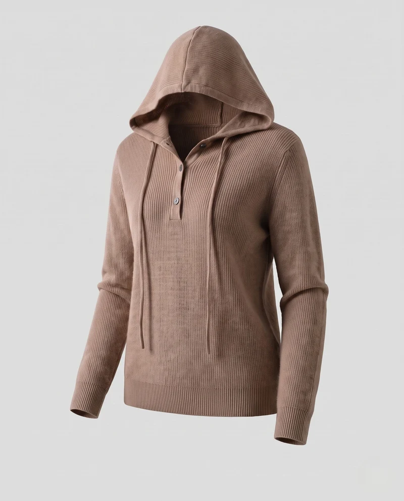 Damen Kapuzen-Feinstrickpullover mit Henley-Knopfleiste, gerippter Schulterpartie und kaschmirähnlicher Weichheit Nord Taschen