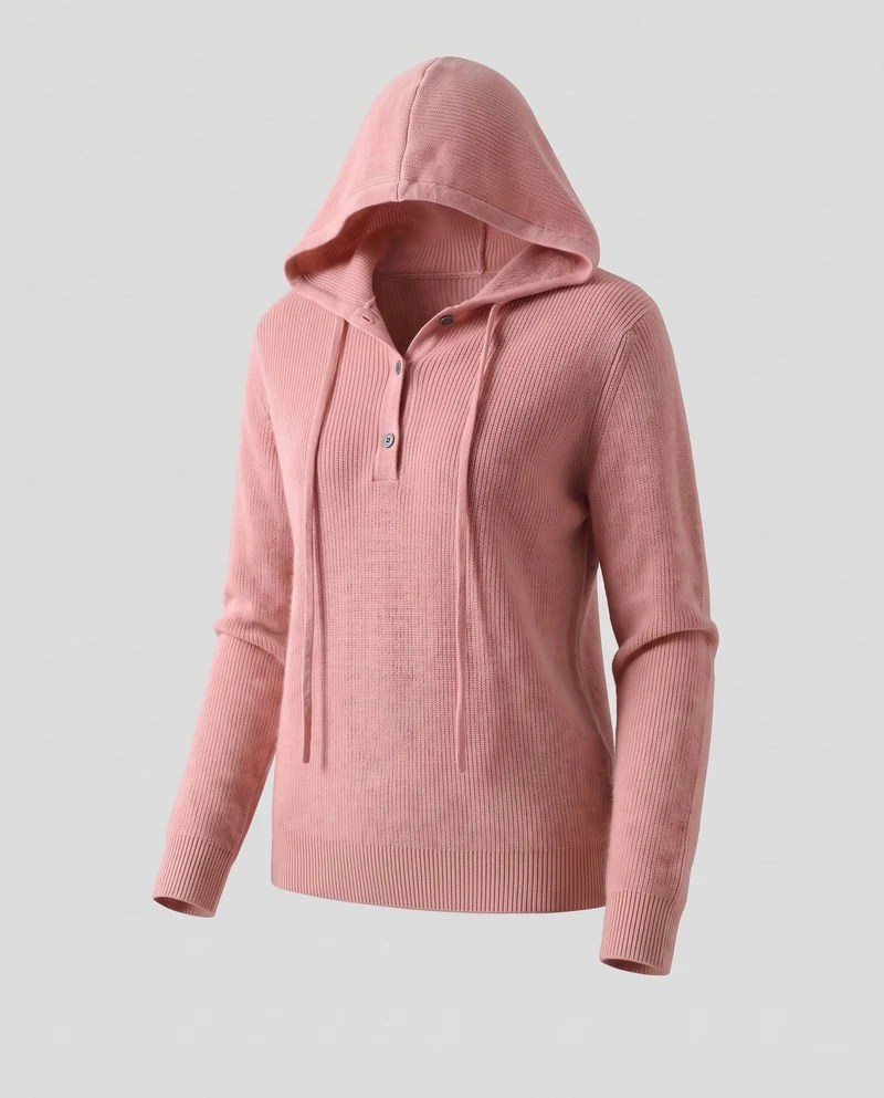 Damen Kapuzen-Feinstrickpullover mit Henley-Knopfleiste, gerippter Schulterpartie und kaschmirähnlicher Weichheit Nord Taschen