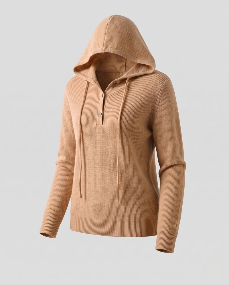 Damen Kapuzen-Feinstrickpullover mit Henley-Knopfleiste, gerippter Schulterpartie und kaschmirähnlicher Weichheit Nord Taschen