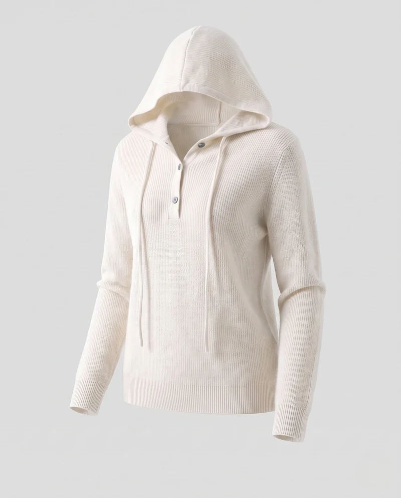 Damen Kapuzen-Feinstrickpullover mit Henley-Knopfleiste, gerippter Schulterpartie und kaschmirähnlicher Weichheit Nord Taschen