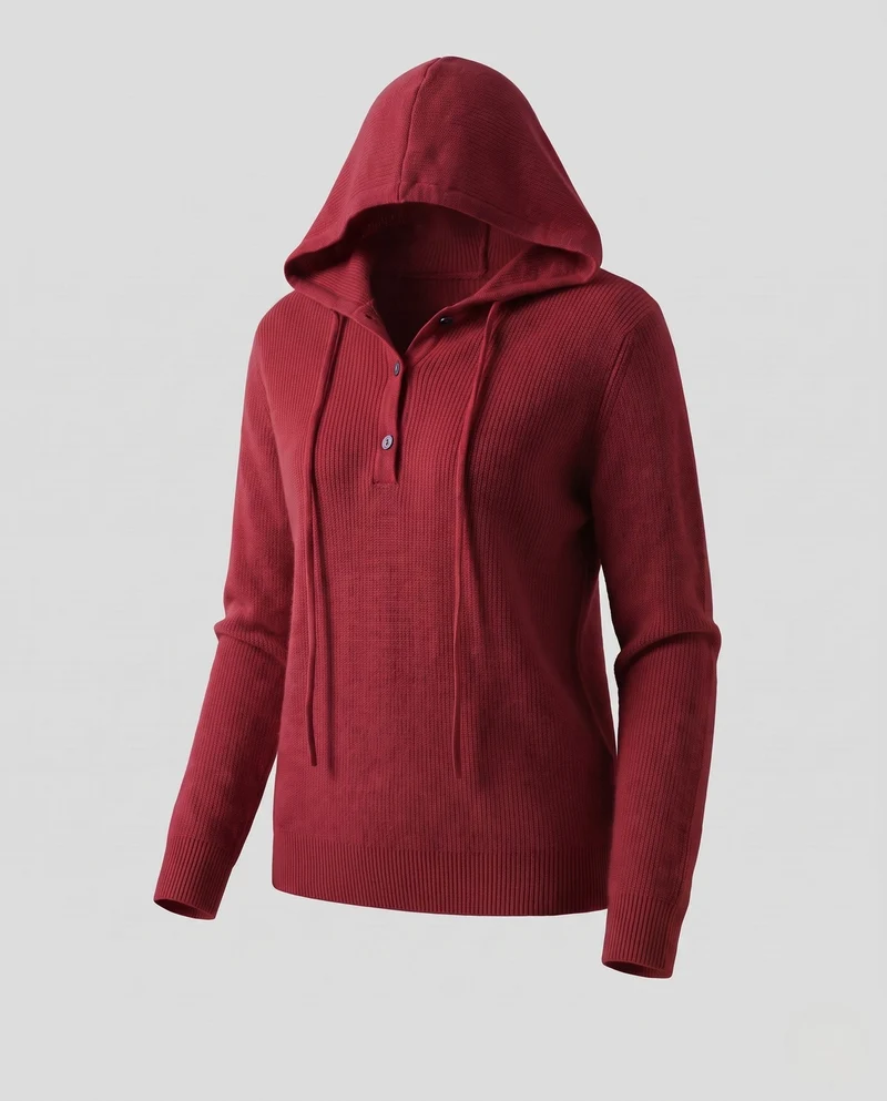 Damen Kapuzen-Feinstrickpullover mit Henley-Knopfleiste, gerippter Schulterpartie und kaschmirähnlicher Weichheit Nord Taschen