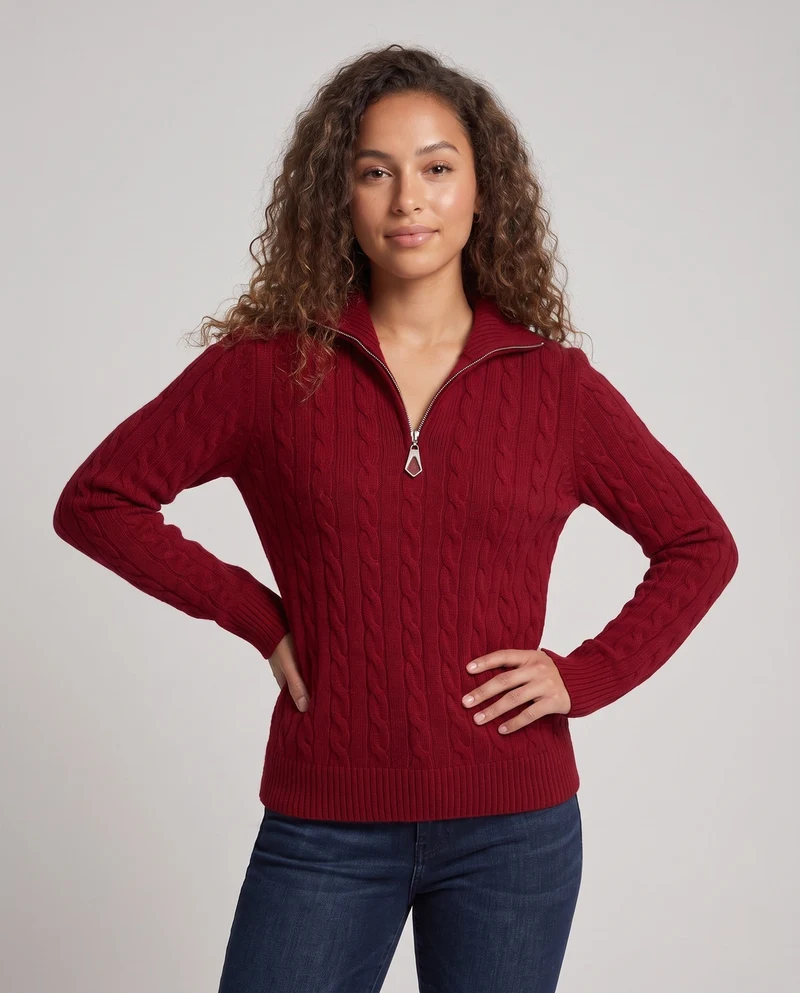 Damen Kabelstrick-Pullover mit halbem Reißverschluss und Stehkragen Nord Taschen