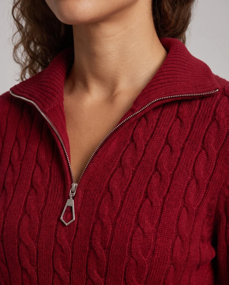 Damen Kabelstrick-Pullover mit halbem Reißverschluss und Stehkragen Nord Taschen