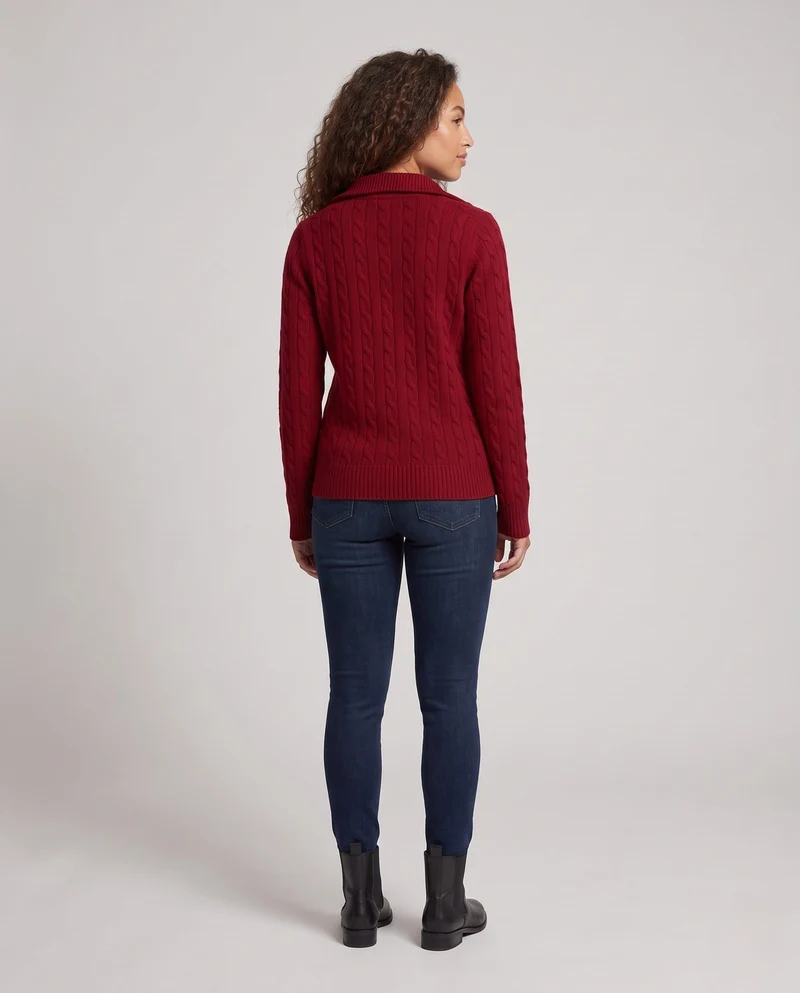Damen Kabelstrick-Pullover mit halbem Reißverschluss und Stehkragen Nord Taschen