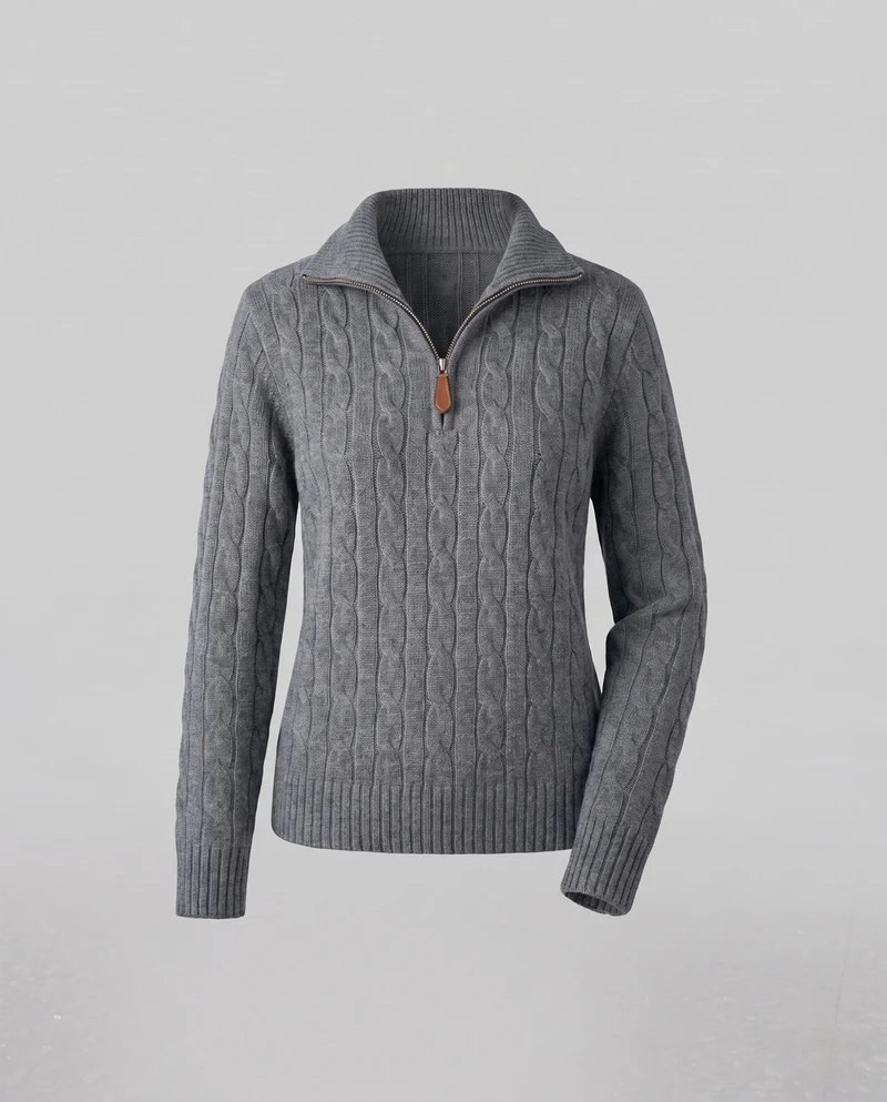 Damen Kabelstrick-Pullover mit halbem Reißverschluss und Stehkragen Nord Taschen