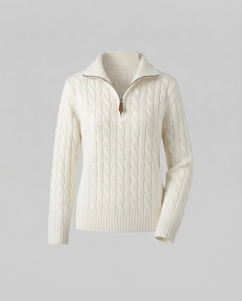 Damen Kabelstrick-Pullover mit halbem Reißverschluss und Stehkragen Nord Taschen
