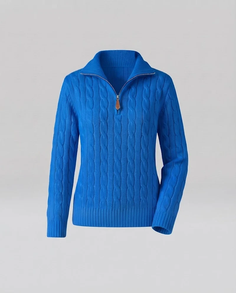 Damen Kabelstrick-Pullover mit halbem Reißverschluss und Stehkragen Nord Taschen