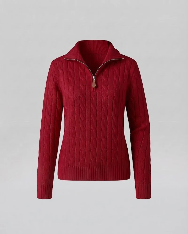 Damen Kabelstrick-Pullover mit halbem Reißverschluss und Stehkragen Nord Taschen
