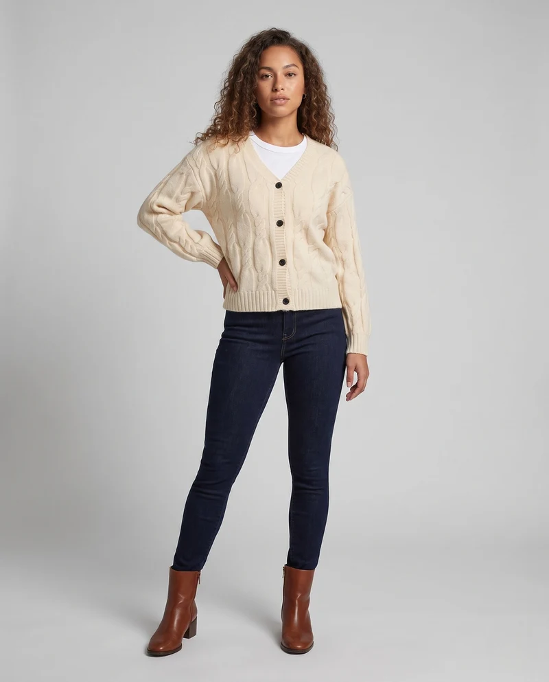 Damen Kabelstrick-Cardigan mit V-Ausschnitt, Oversize-Passform und Ballonärmeln Nord Taschen