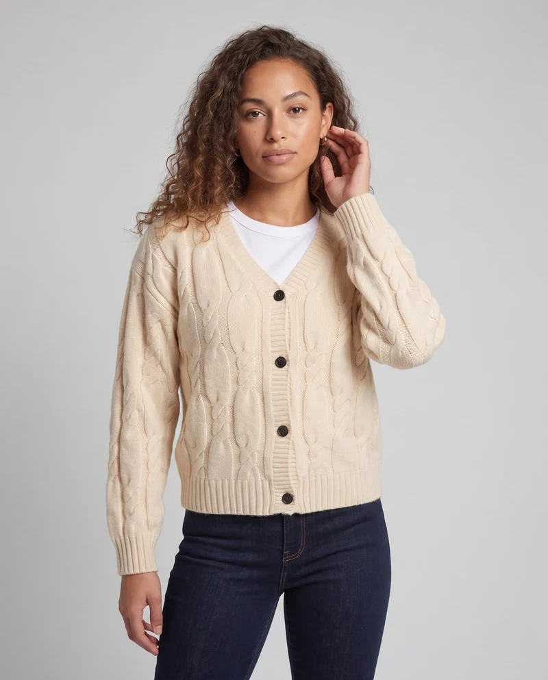 Damen Kabelstrick-Cardigan mit V-Ausschnitt, Oversize-Passform und Ballonärmeln Nord Taschen