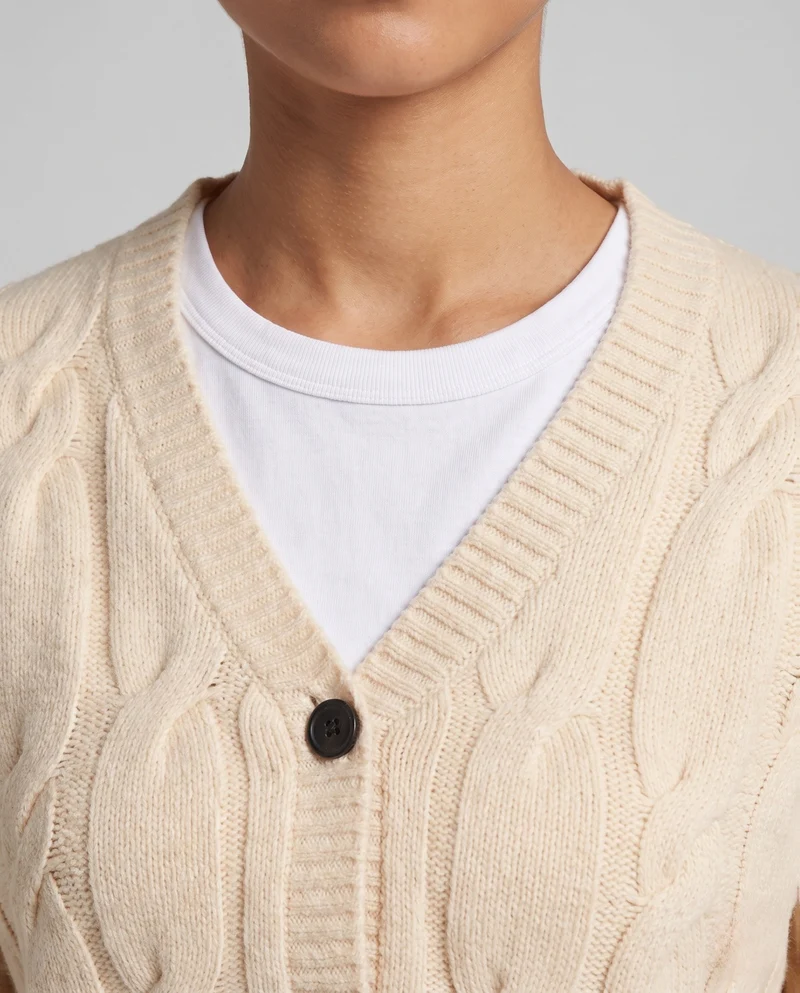Damen Kabelstrick-Cardigan mit V-Ausschnitt, Oversize-Passform und Ballonärmeln Nord Taschen