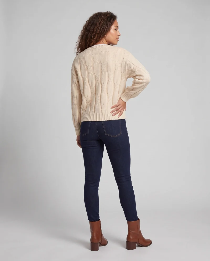 Damen Kabelstrick-Cardigan mit V-Ausschnitt, Oversize-Passform und Ballonärmeln Nord Taschen