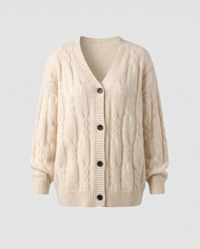Damen Kabelstrick-Cardigan mit V-Ausschnitt, Oversize-Passform und Ballonärmeln Nord Taschen