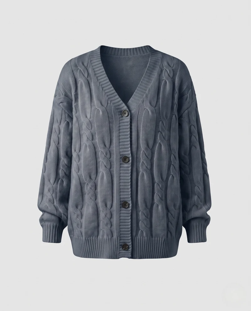 Damen Kabelstrick-Cardigan mit V-Ausschnitt, Oversize-Passform und Ballonärmeln Nord Taschen