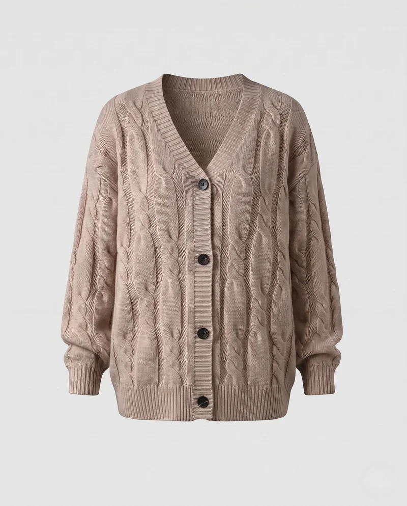 Damen Kabelstrick-Cardigan mit V-Ausschnitt, Oversize-Passform und Ballonärmeln Nord Taschen