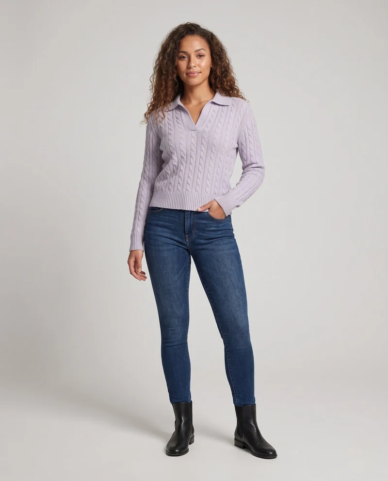 Damen Kabelstrick-Polo-Pullover mit V-Ausschnitt und weicher Feinstrick-Qualität Nord Taschen