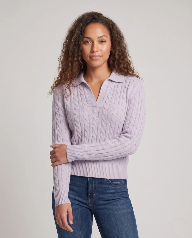 Damen Kabelstrick-Polo-Pullover mit V-Ausschnitt und weicher Feinstrick-Qualität Nord Taschen