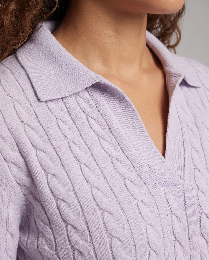 Damen Kabelstrick-Polo-Pullover mit V-Ausschnitt und weicher Feinstrick-Qualität Nord Taschen