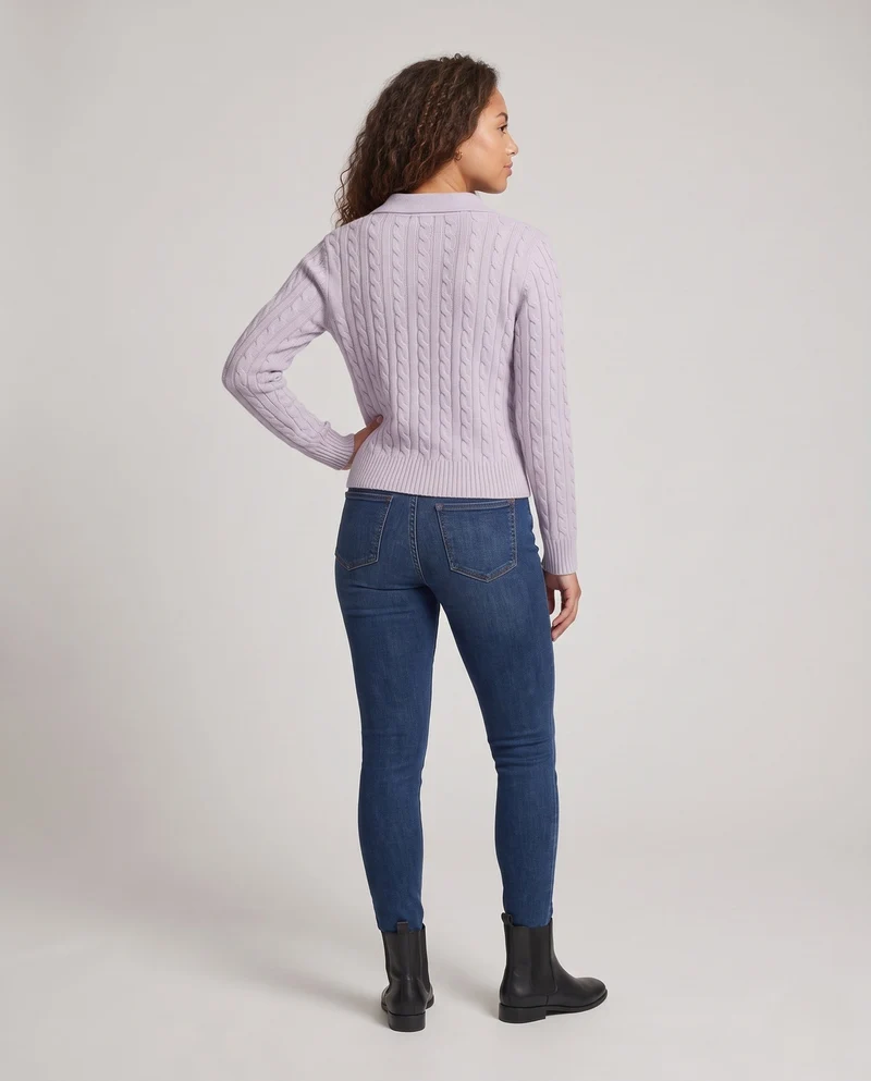 Damen Kabelstrick-Polo-Pullover mit V-Ausschnitt und weicher Feinstrick-Qualität Nord Taschen