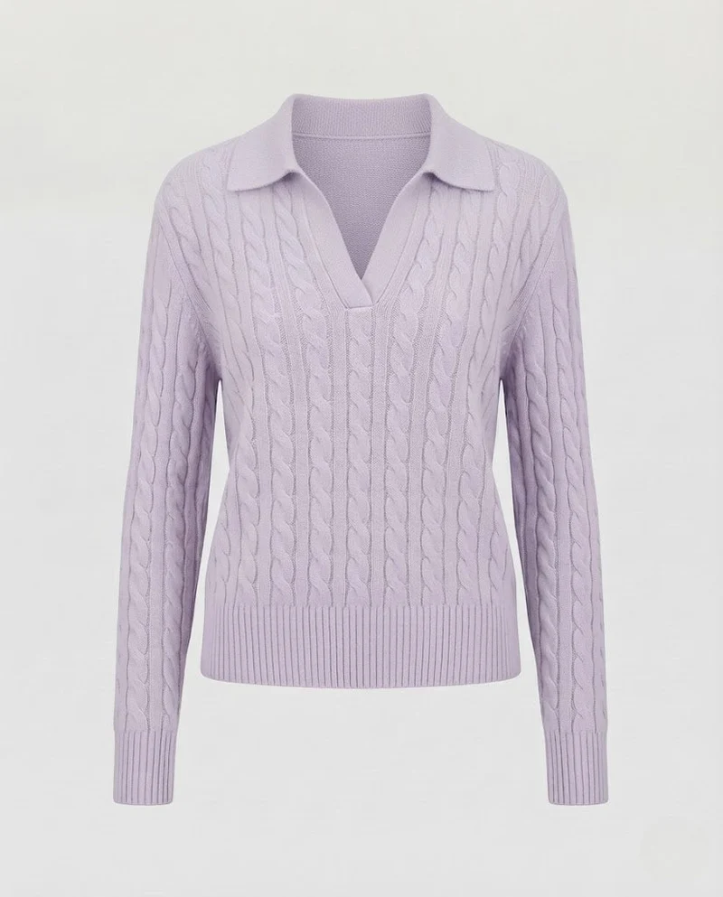 Damen Kabelstrick-Polo-Pullover mit V-Ausschnitt und weicher Feinstrick-Qualität Nord Taschen