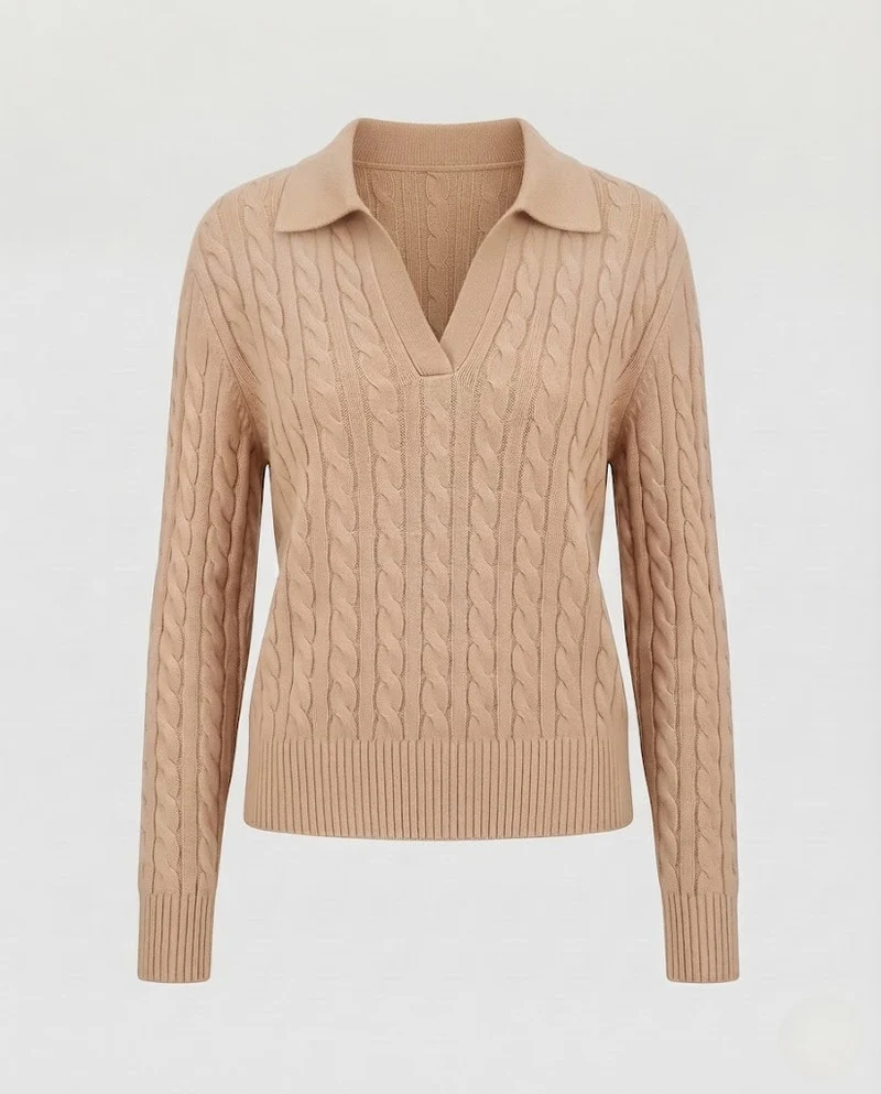 Damen Kabelstrick-Polo-Pullover mit V-Ausschnitt und weicher Feinstrick-Qualität Nord Taschen