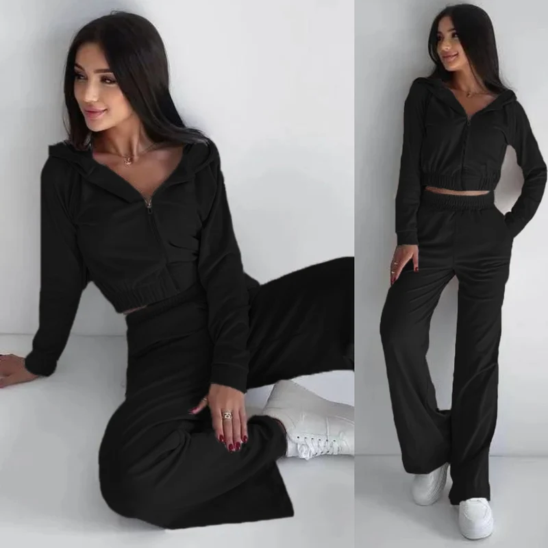 Damen Cropped Velours-Loungewear-Set mit Reißverschluss, Kapuze und High-Waist Jogpant Nord Taschen