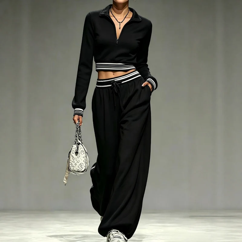 Damen Cropped-Trainingsset mit halbem Reißverschlusskragen und weitem Bundfalten-Jogger Nord Taschen