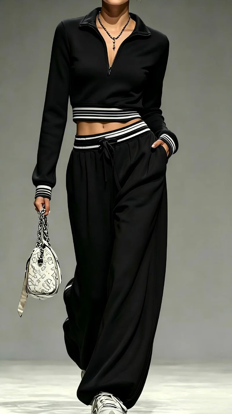 Damen Cropped-Trainingsset mit halbem Reißverschlusskragen und weitem Bundfalten-Jogger Nord Taschen