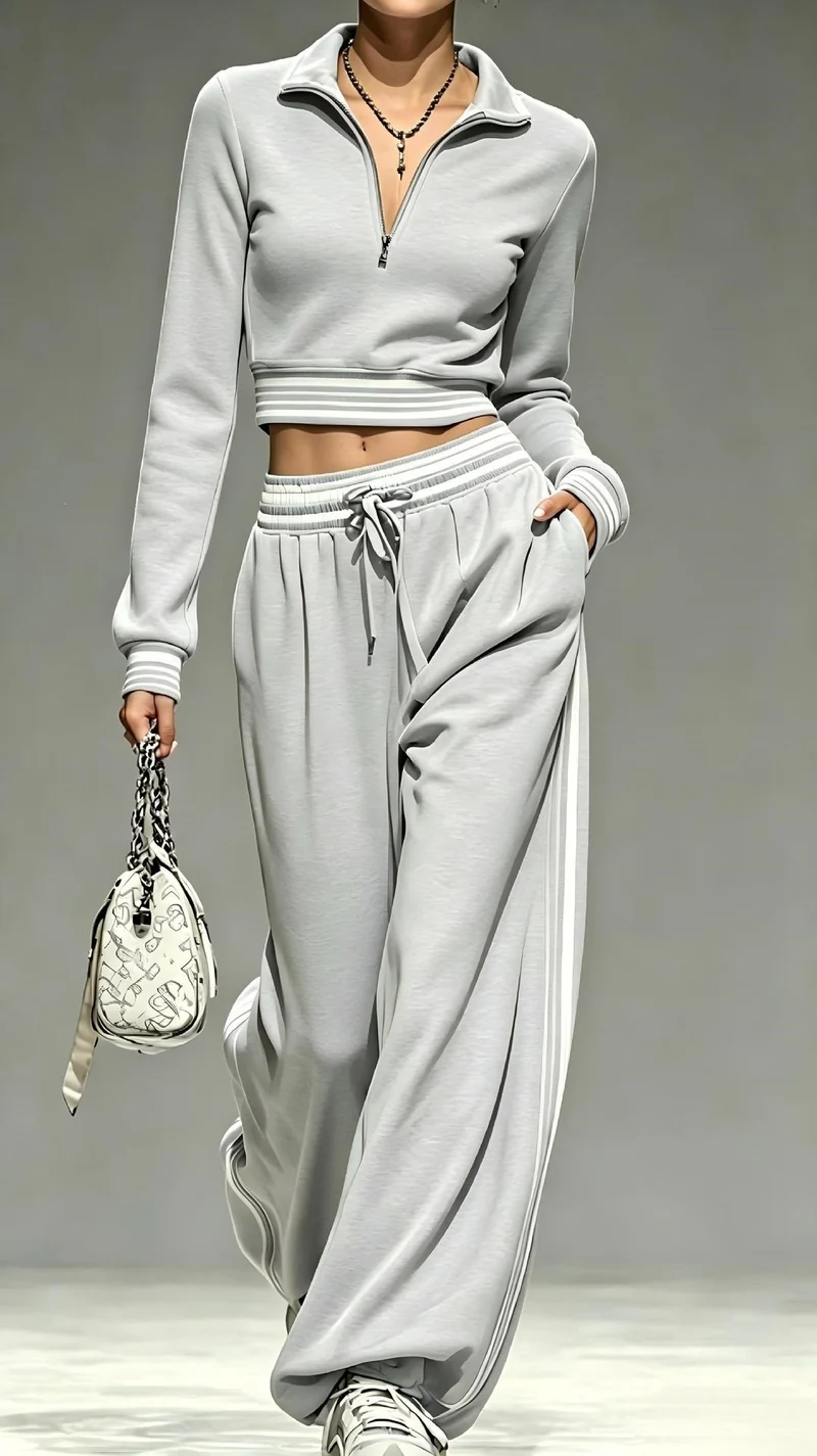 Damen Cropped-Trainingsset mit halbem Reißverschlusskragen und weitem Bundfalten-Jogger Nord Taschen