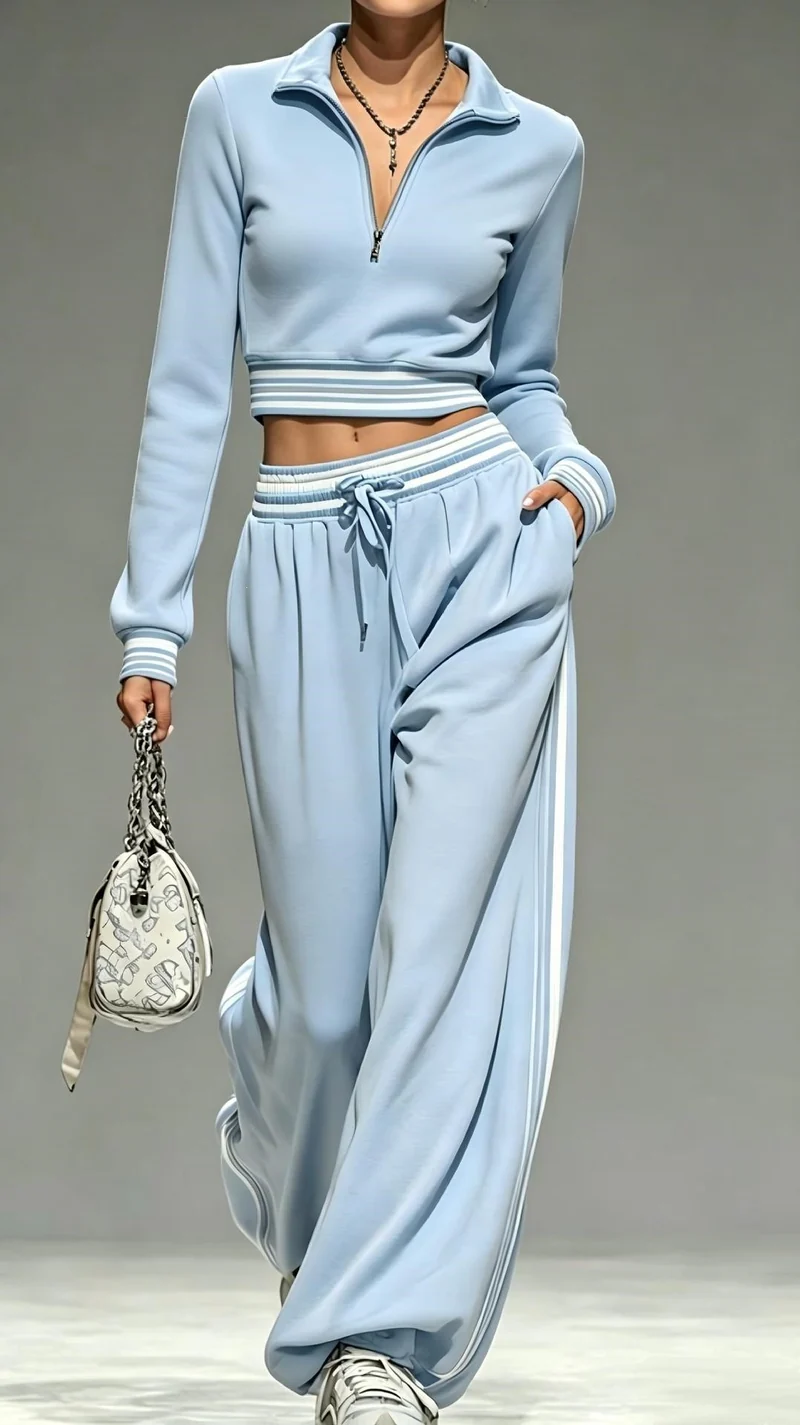Damen Cropped-Trainingsset mit halbem Reißverschlusskragen und weitem Bundfalten-Jogger Nord Taschen