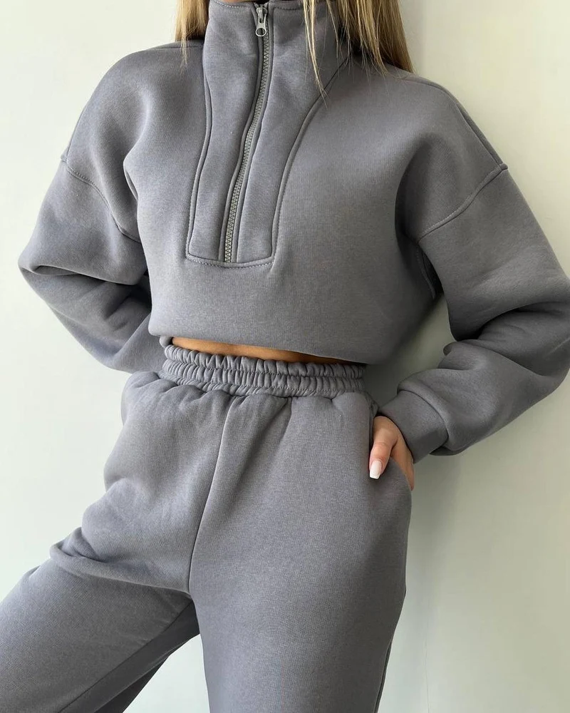 Damen Cropped-Sweatshirt-Set mit hohem Kragen und High-Waist-Jogginghose Nord Taschen