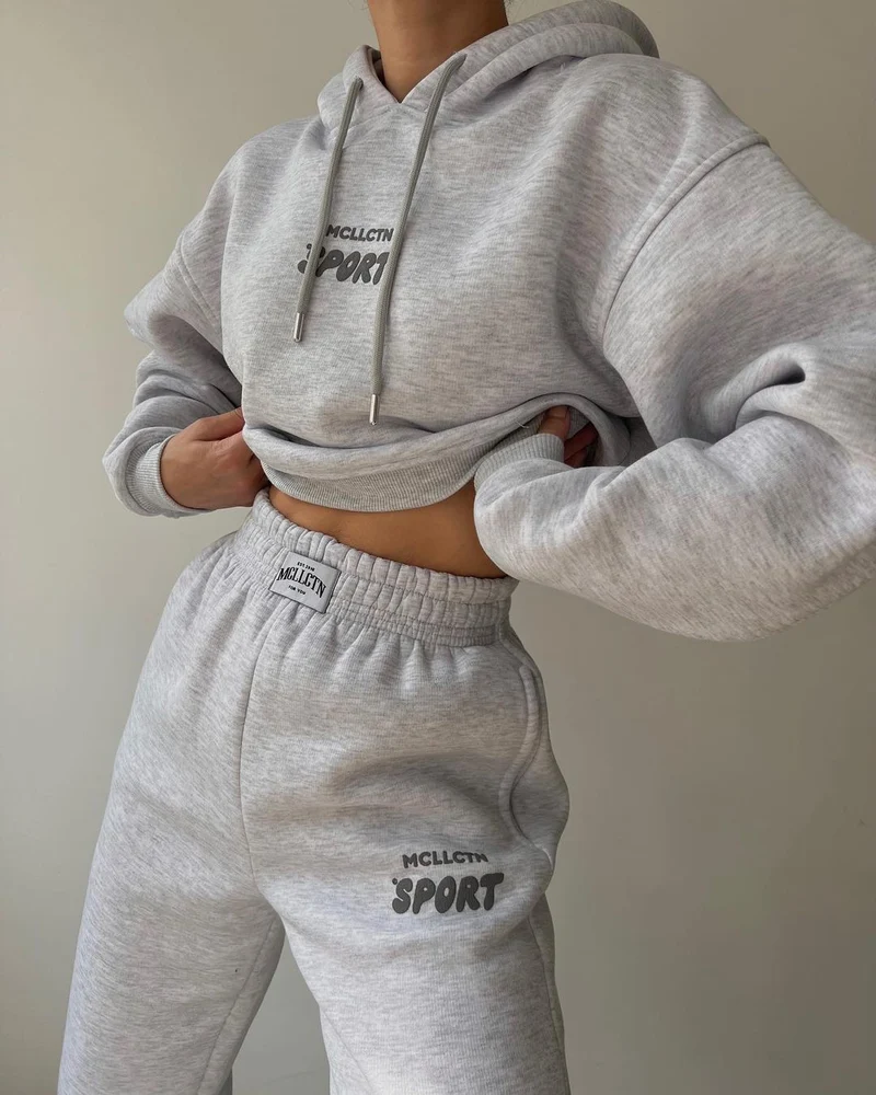 Damen Cropped Kapuzenpullover und High‑Waist Jogginghose Lounge‑Set aus Baumwollfleece Nord Taschen