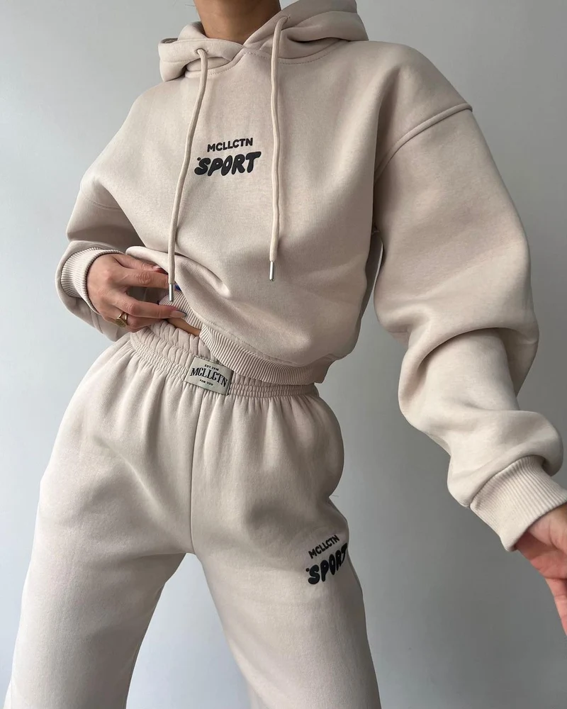 Damen Cropped Kapuzenpullover und High‑Waist Jogginghose Lounge‑Set aus Baumwollfleece Nord Taschen