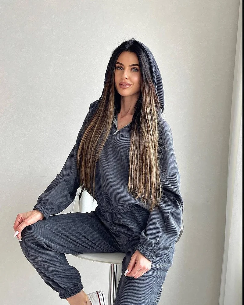 Damen Cordstoff Loungewear-Set mit Kapuzenpullover und Jogginghose Nord Taschen