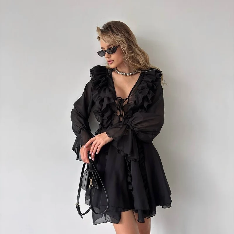 Damen Chiffon-Minikleid mit Volants, tiefem V-Ausschnitt und Ballonärmeln Nord Taschen