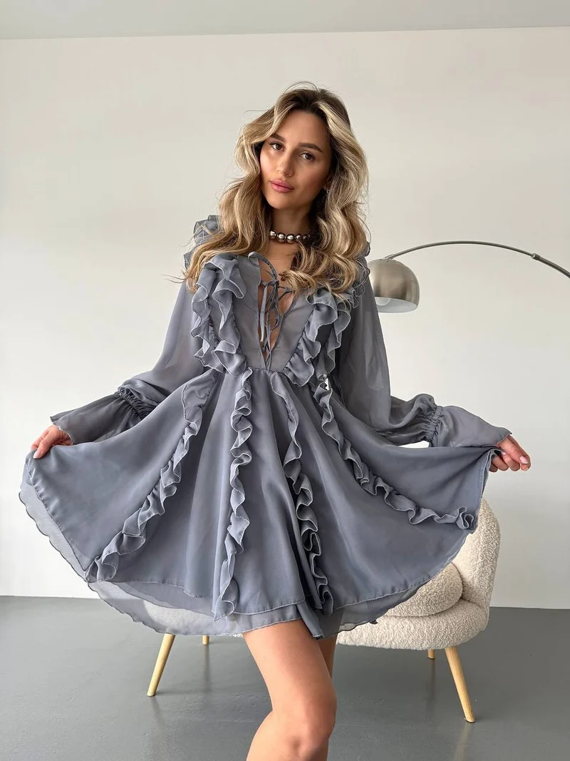 Damen Chiffon-Minikleid mit Volants, tiefem V-Ausschnitt und Ballonärmeln Nord Taschen