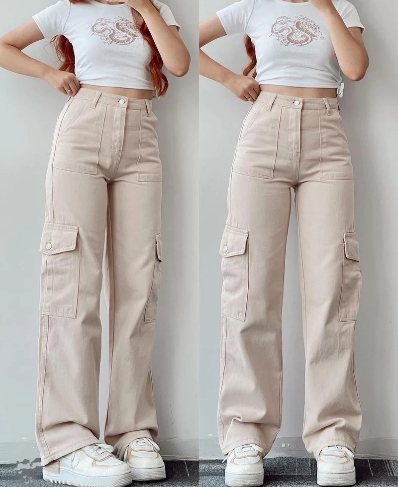 Damen Cargohose mit hoher Taille, geradem Bein und aufgesetzten Pattentaschen Nord Taschen