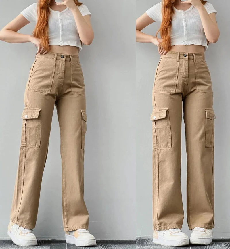 Damen Cargohose mit hoher Taille, geradem Bein und aufgesetzten Pattentaschen Nord Taschen