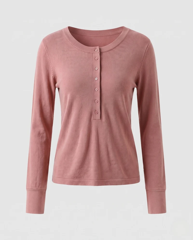 Damen Feines Langarm-Henley aus Feinstrick mit knöpfbarer Mittelblende und schmaler Passform Nord Taschen