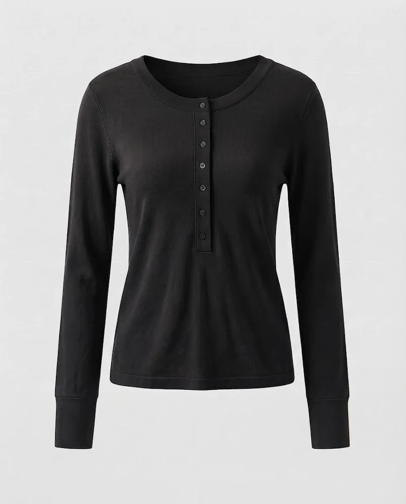 Damen Feines Langarm-Henley aus Feinstrick mit knöpfbarer Mittelblende und schmaler Passform Nord Taschen