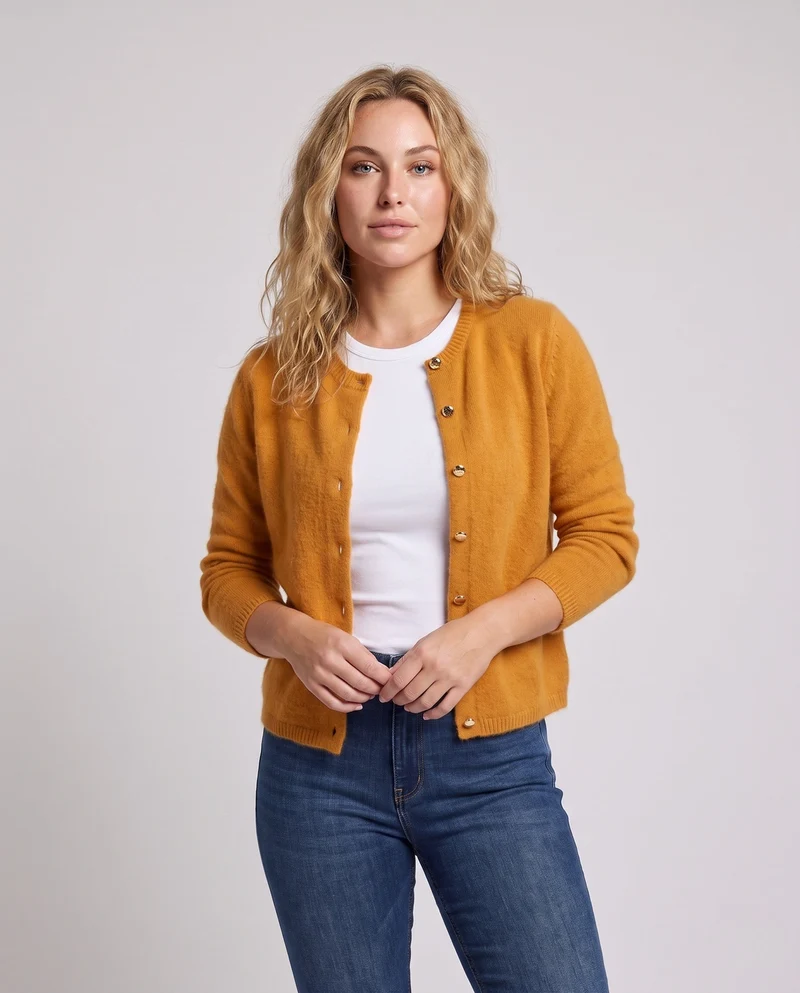 Damen Feiner Wollmix‑Knopfcardigan mit dekorativen goldfarbenen Druckknöpfen Nord Taschen