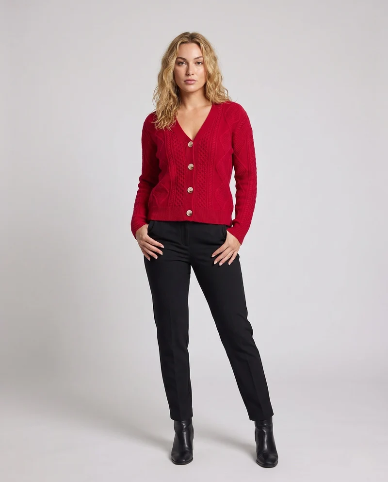 Damen Feiner Wollmix-Cardigan mit Zopfmuster, V‑Ausschnitt und Perlmuttknöpfen Nord Taschen