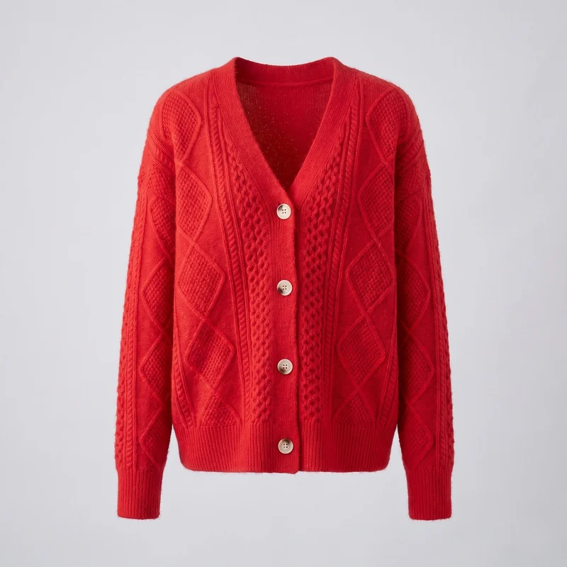 Damen Feiner Wollmix-Cardigan mit Zopfmuster, V‑Ausschnitt und Perlmuttknöpfen Nord Taschen